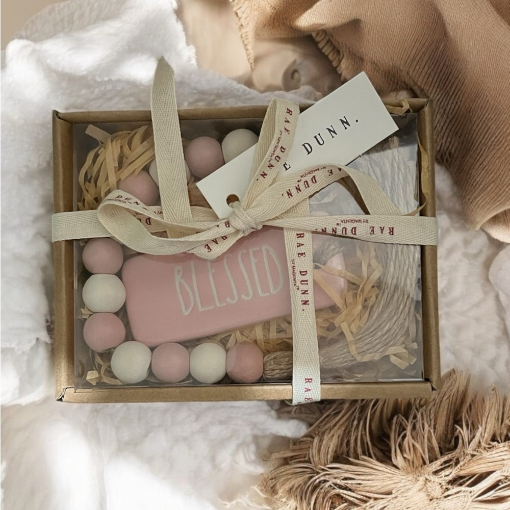 NWT Rae Dunn BLESSED Garland Ceramic Plaque Wooden Beaded Jute Decor Pink